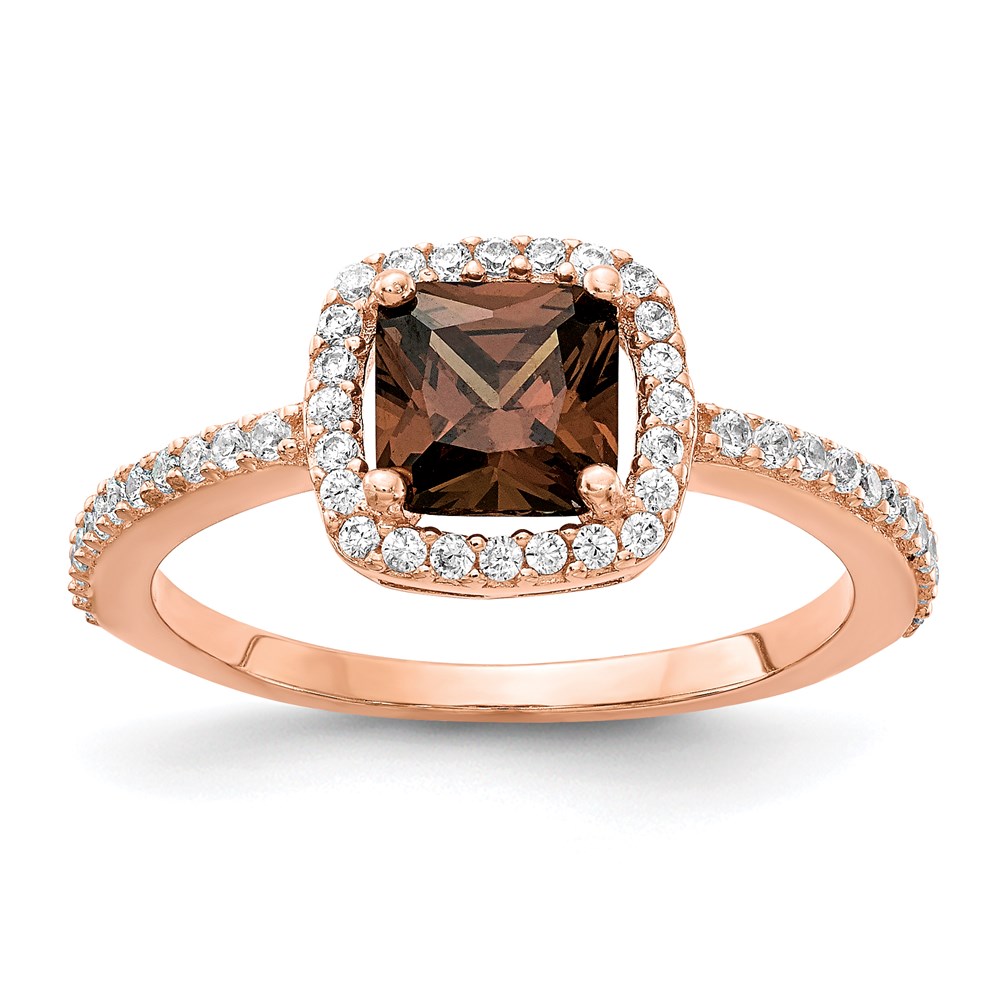Sterling Silver Cheryl M Rose Gold-plated Square Cocoa CZ Halo Ring