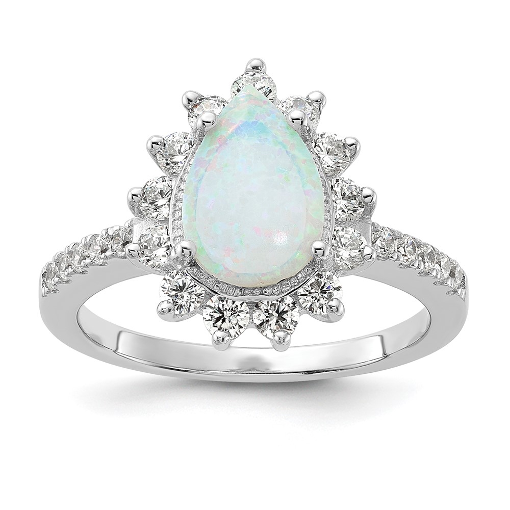 Sterling Silver Cheryl M Rhod-pltd CZ & Created Opal Teardrop Ring