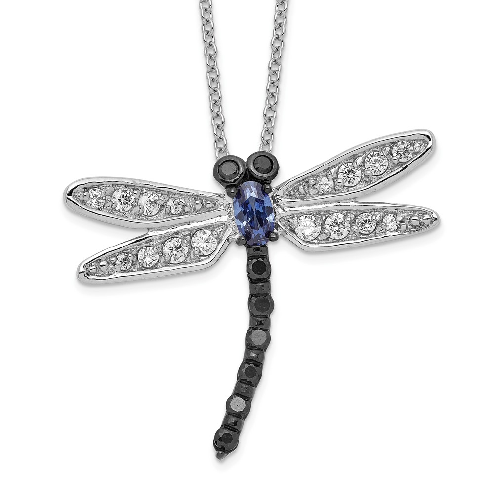 Sterling Silver Cheryl M Rh-p White Black Blue CZ Dragonfly Necklace