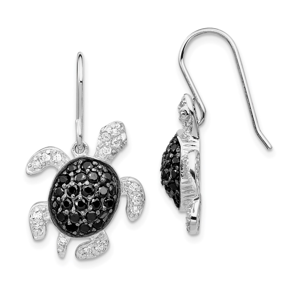 Sterling Silver Cheryl M Rh-pltd Black/White CZ Turtle Dangle Earrings