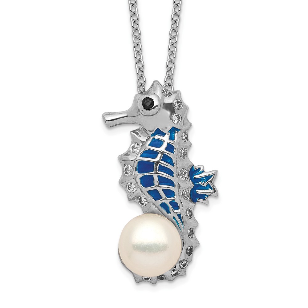 Sterling Silver Cheryl M Rh-p CZ FWC Pearl Enamel Seahorse Necklace