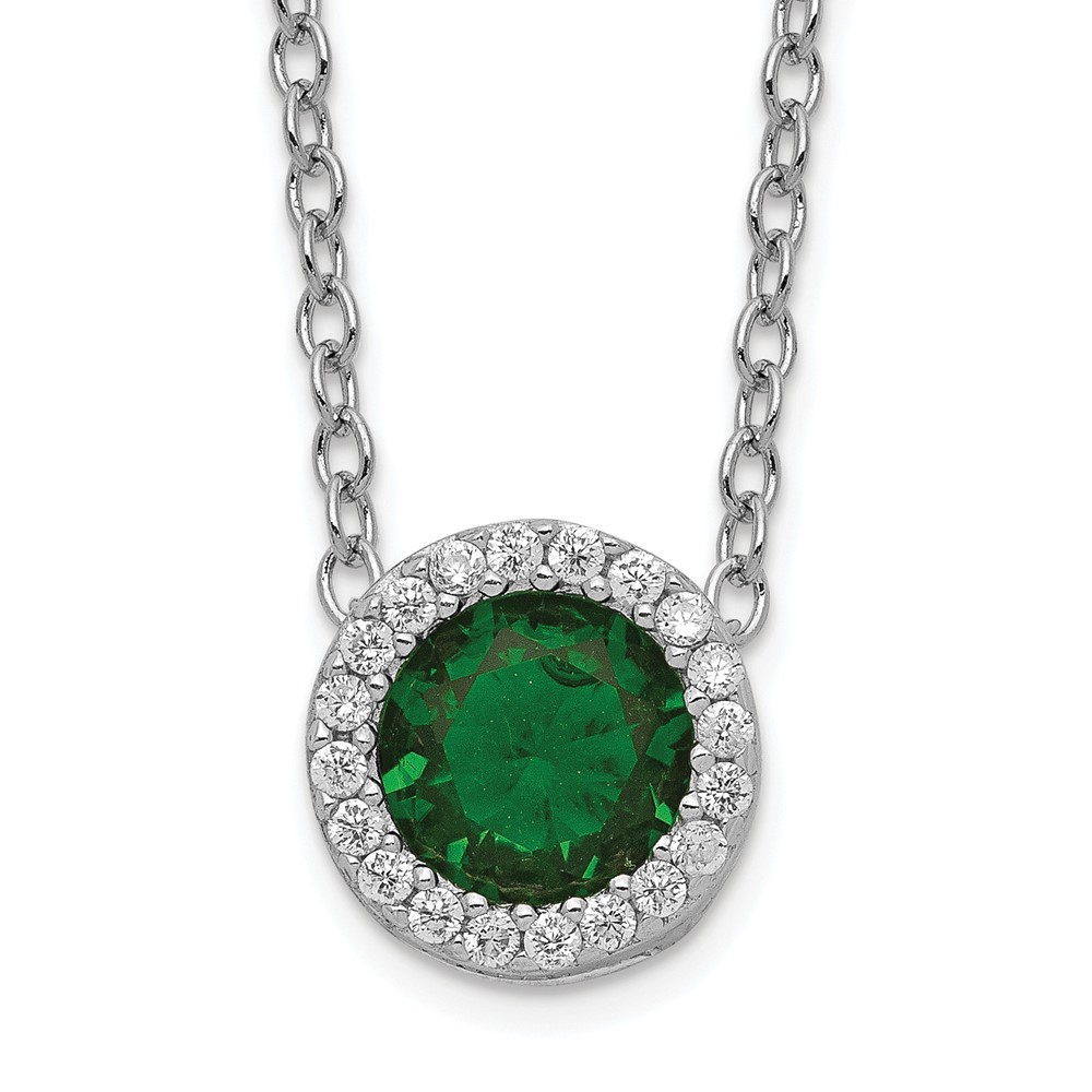 Sterling Silver Cheryl M Rhod-plated Green Glass & CZ Halo Necklace