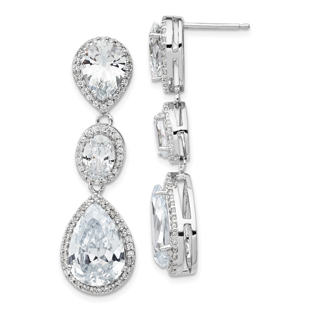 SS Cheryl M Rhod-pltd Fancy Three Teardrop CZ Post Dangle Earrings