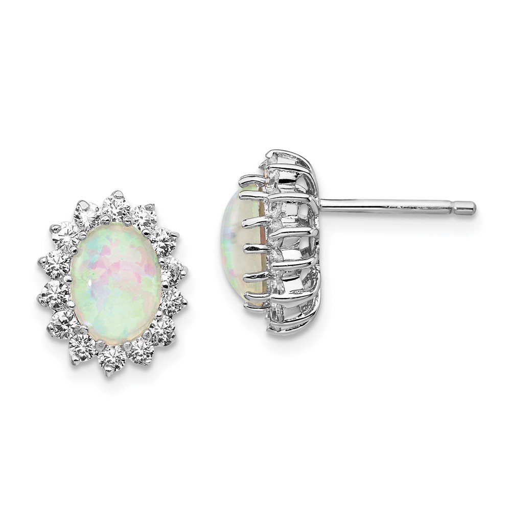Sterling Silver Cheryl M Rhod-plated CZ & Cr. Opal Oval Post Earrings
