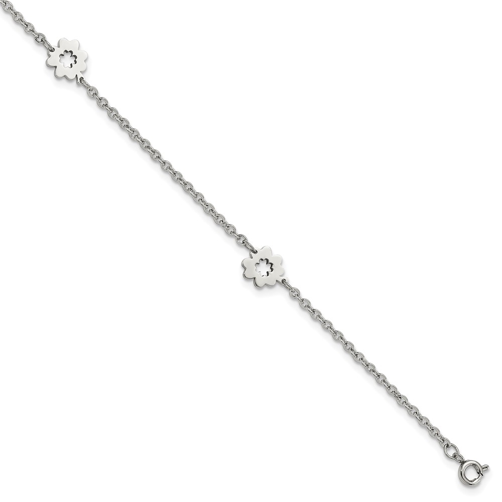 Stainless Steel Polished Flowers 9in Plus 1in ext Anklet