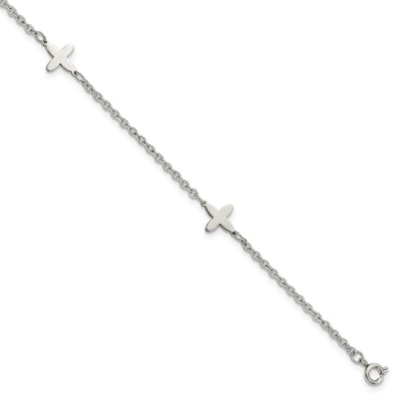 Stainless Steel Polished Cross Charms 9in Plus 1in ext Anklet
