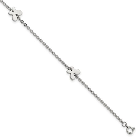 Stainless Steel Polished Butterfly Charms 9in Plus 1in ext Anklet