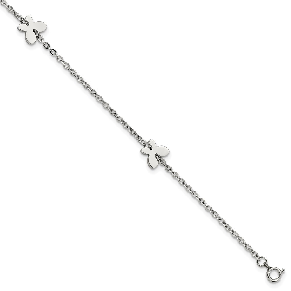 Stainless Steel Polished Butterfly Charms 9in Plus 1in ext Anklet