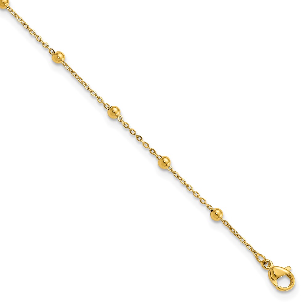 Stainless Steel Polished Yellow IP Beaded 9.5in Plus 1in ext. Anklet