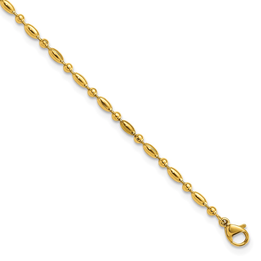 Stainless Steel Polished Yellow IP Fancy Beaded 9.5in Plus 1in ext. Anklet