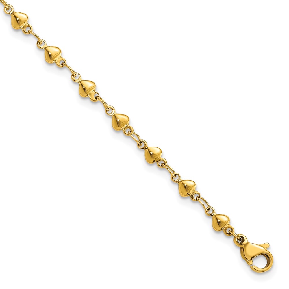 Stainless Steel Polished Yellow IP Hearts 9in Plus 1in ext. Anklet