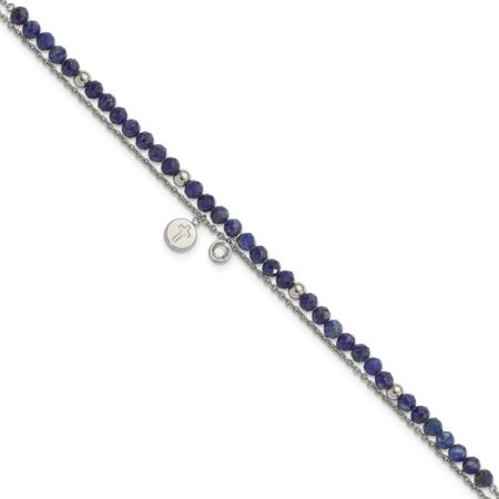 Stainless Steel Polished 2-Strand Lapis/Crystal Cross 9in Plus 2in ext Ankl