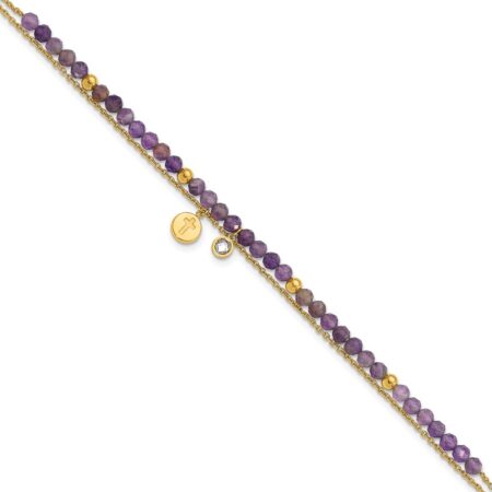 Stainless Steel Polished Yellow IP Amethyst/Crystal 9in Plus 2in ext Anklet