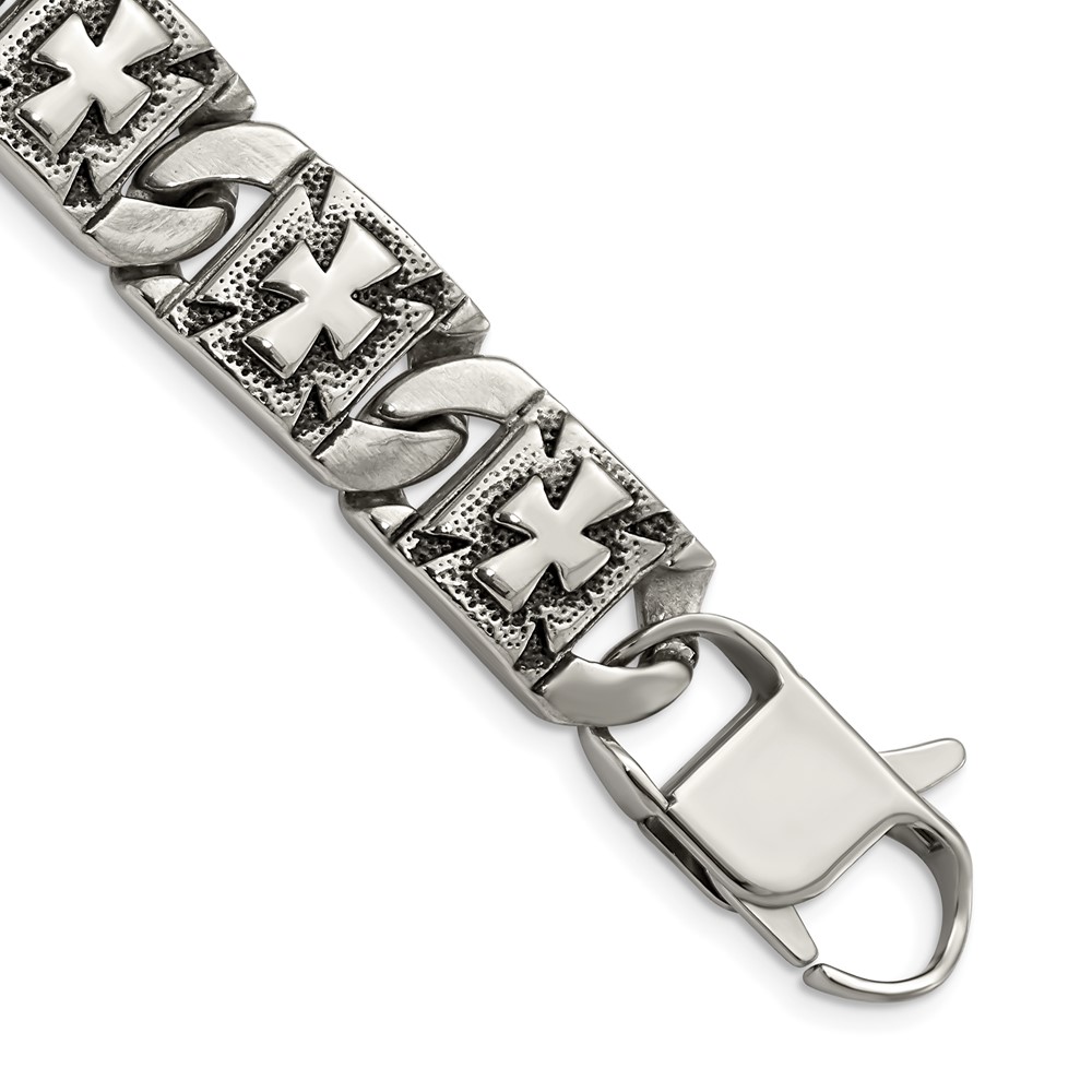 Stainless Steel Antiqued Polished and Textured 8.75in Crosses Bracelet