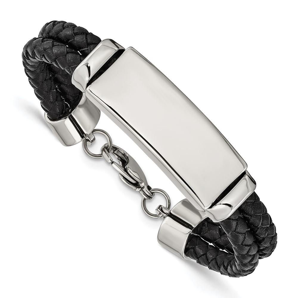 Stainless Steel Polished Black Leather 8.25in ID Bracelet