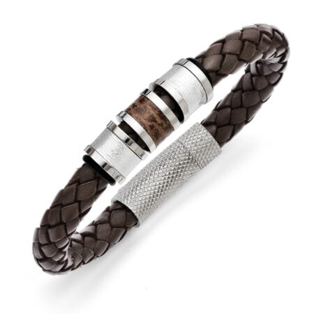 Stainless Steel Polished Brown Leather Black Rubber 8.25in Bracelet