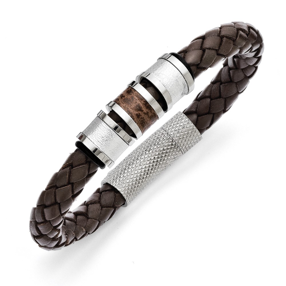 Stainless Steel Polished Brown Leather Black Rubber 8.25in Bracelet