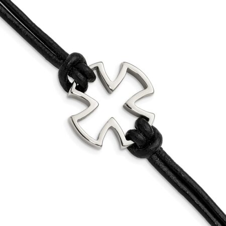 Stainless Steel Antiqued and Polished Cross Black Leather 8.25in Bracelet