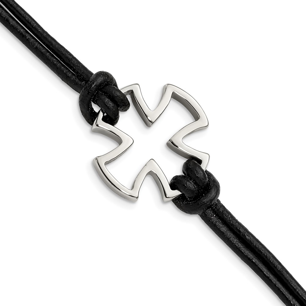 Stainless Steel Antiqued and Polished Cross Black Leather 8.25in Bracelet