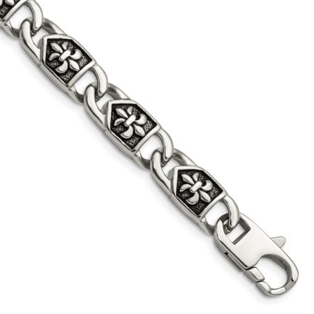 Stainless Steel Antiqued and Polished Fleur de Lis 8.75in Bracelet