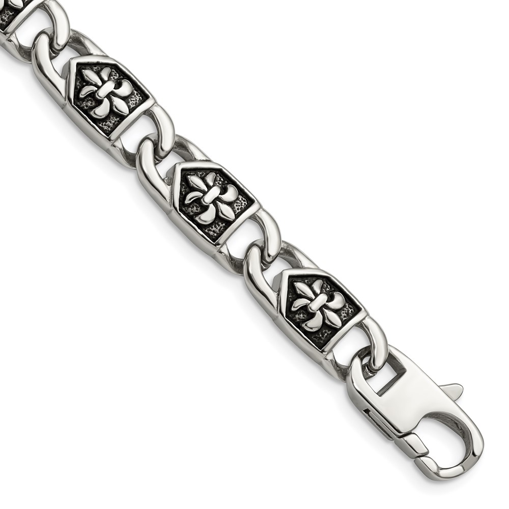 Stainless Steel Antiqued and Polished Fleur de Lis 8.75in Bracelet