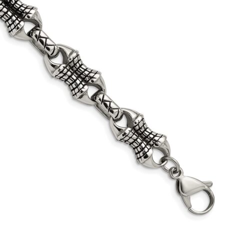 Stainless Steel Antiqued and Polished Patterned 8.75in Bracelet
