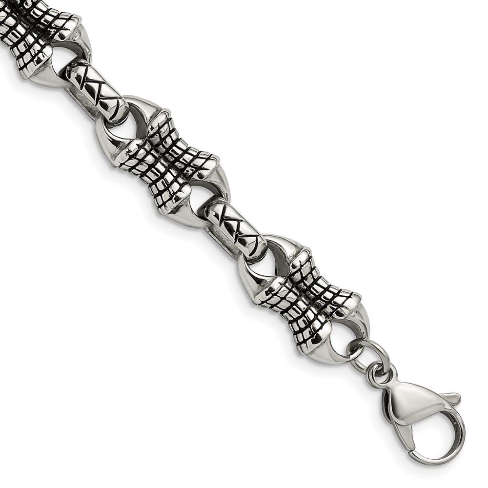 Stainless Steel Antiqued and Polished Patterned 8.75in Bracelet