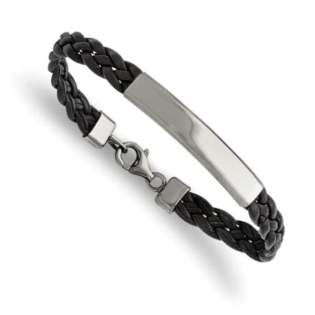 Stainless Steel Polished Black Leather 8in ID Bracelet