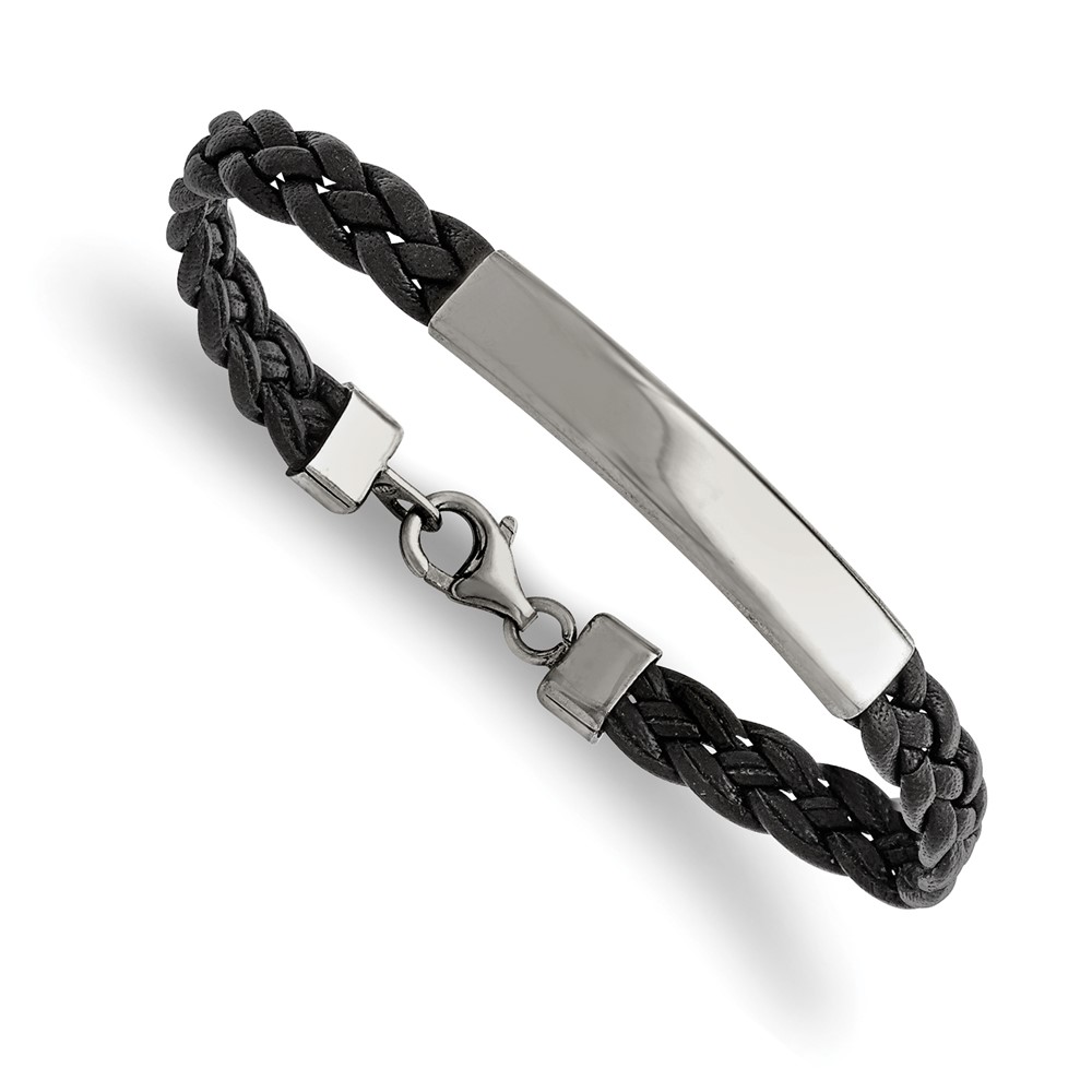 Stainless Steel Polished Black Leather 8in ID Bracelet