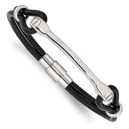 Stainless Steel Polished Black Leather 7.5in ID Bracelet