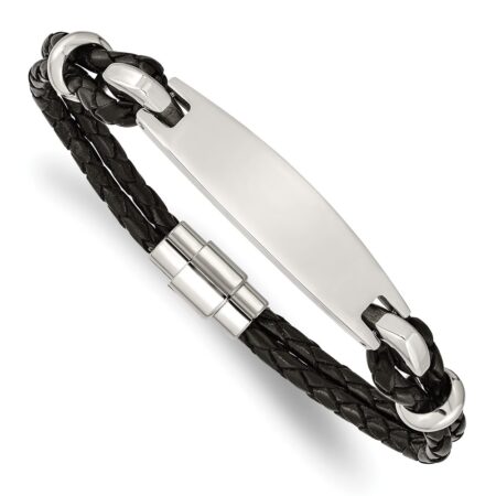 Stainless Steel Polished Black Woven Leather 8.5in ID Bracelet