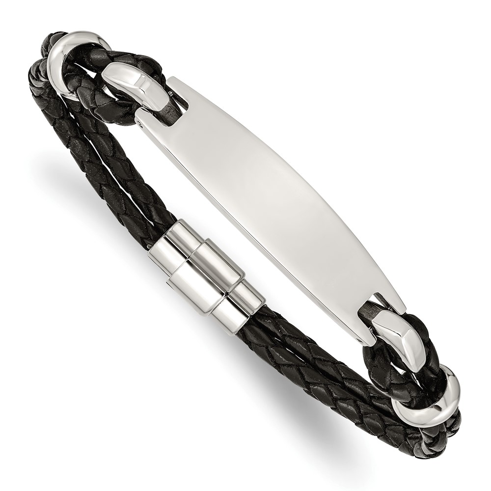 Stainless Steel Polished Black Woven Leather 8.5in ID Bracelet