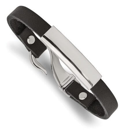 Stainless Steel Polished Black Leather 8.5in ID Bracelet