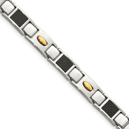 Stainless Steel Polished Yellow IP Black Carbon Fiber Inlay 9.25in Bracelet