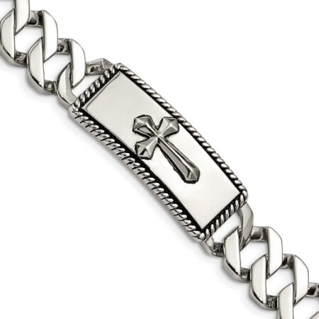 Stainless Steel Antiqued Polished and Textured 8.5in Cross Bracelet