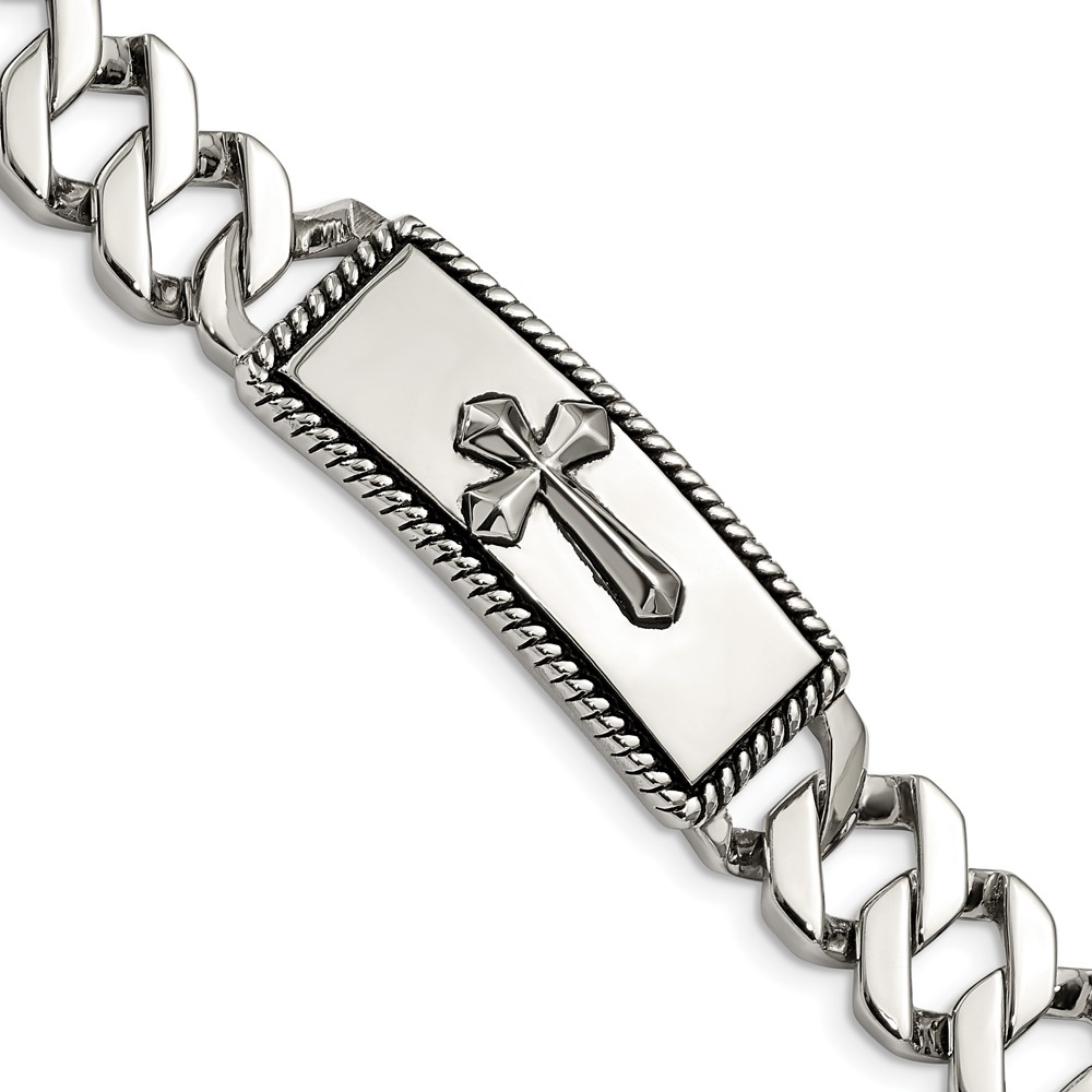 Stainless Steel Antiqued Polished and Textured 8.5in Cross Bracelet