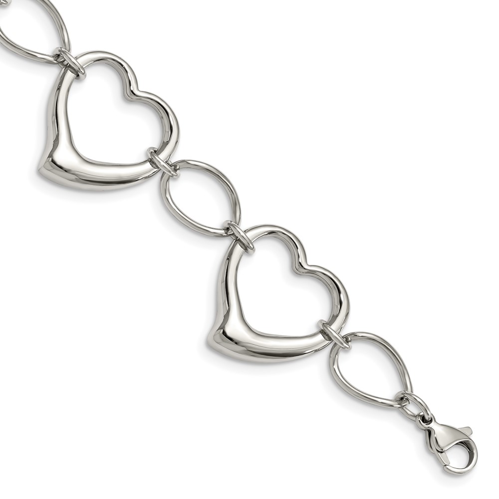 Stainless Steel Polished Hearts 7.75in Bracelet