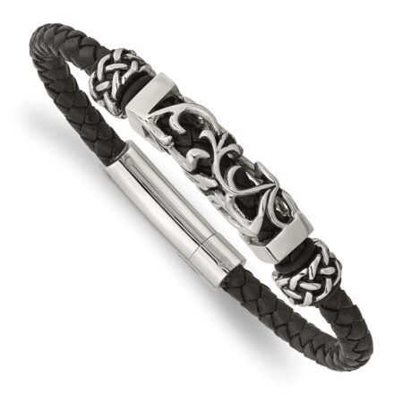 Stainless Steel Polished Black Leather w/Antiqued Beads 8.25in Bracelet