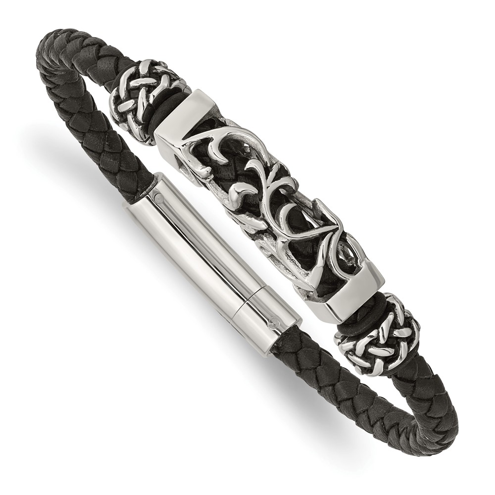 Stainless Steel Polished Black Leather w/Antiqued Beads 8.25in Bracelet
