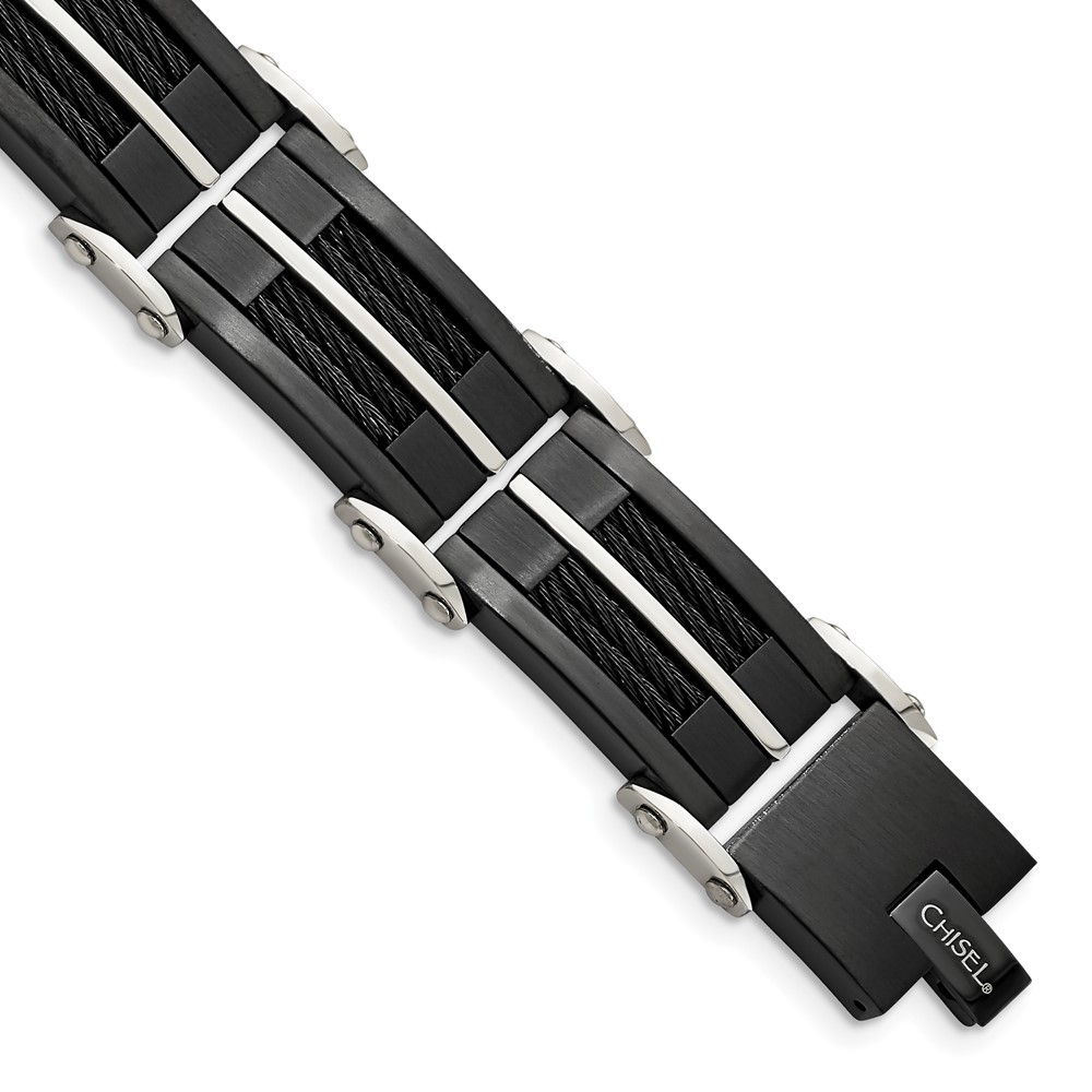 Stainless Steel Brushed and Polished Black IP-plated Wire 8.75in Bracelet