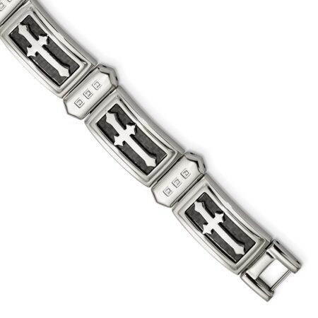 Stainless Steel Polished w/CZ and Black Carbon Fiber Inlay Cross Bracelet