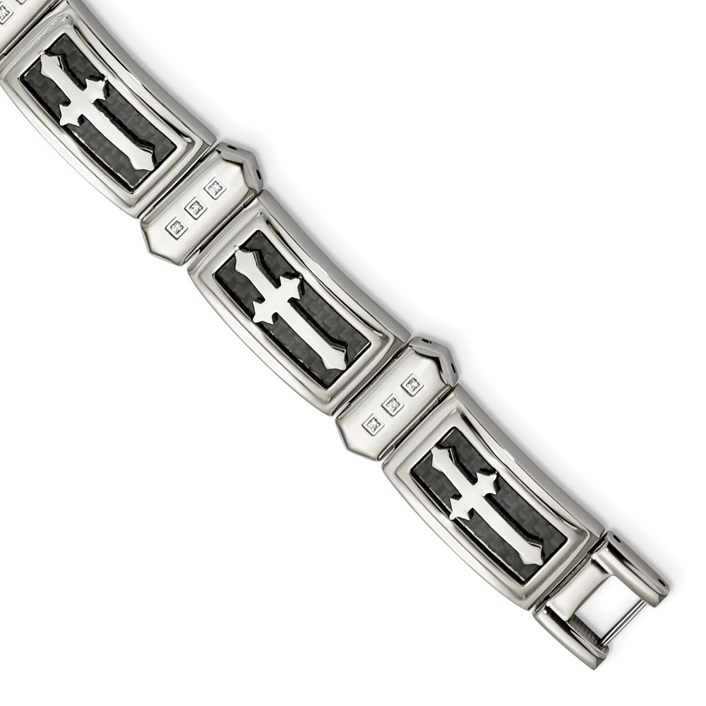 Stainless Steel Polished w/CZ and Black Carbon Fiber Inlay Cross Bracelet