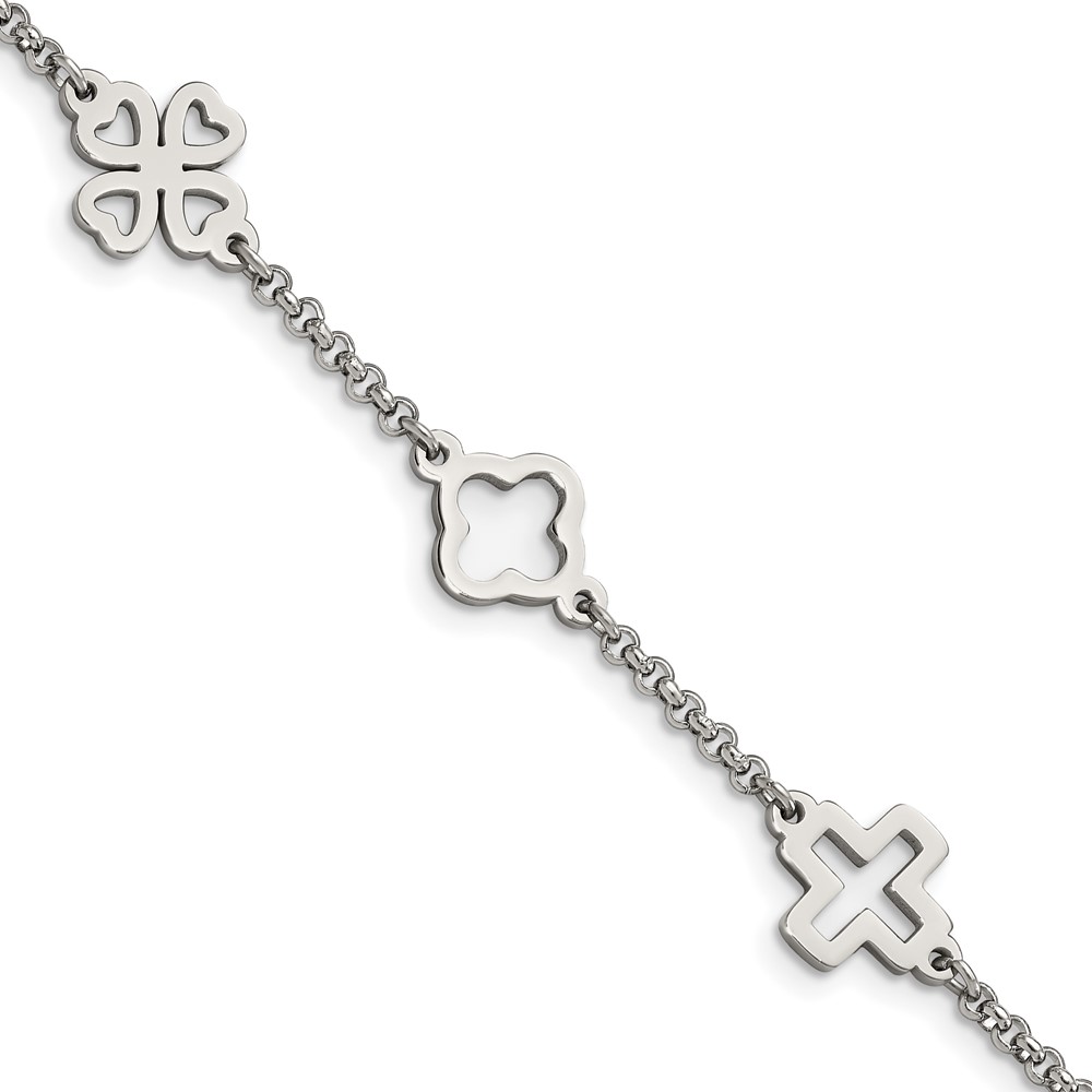 Stainless Steel Polished Cross & Clovers 7.5in Bracelet