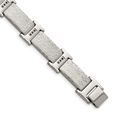 Stainless Steel Polished and Textured with Black CZ 8.5in Bracelet