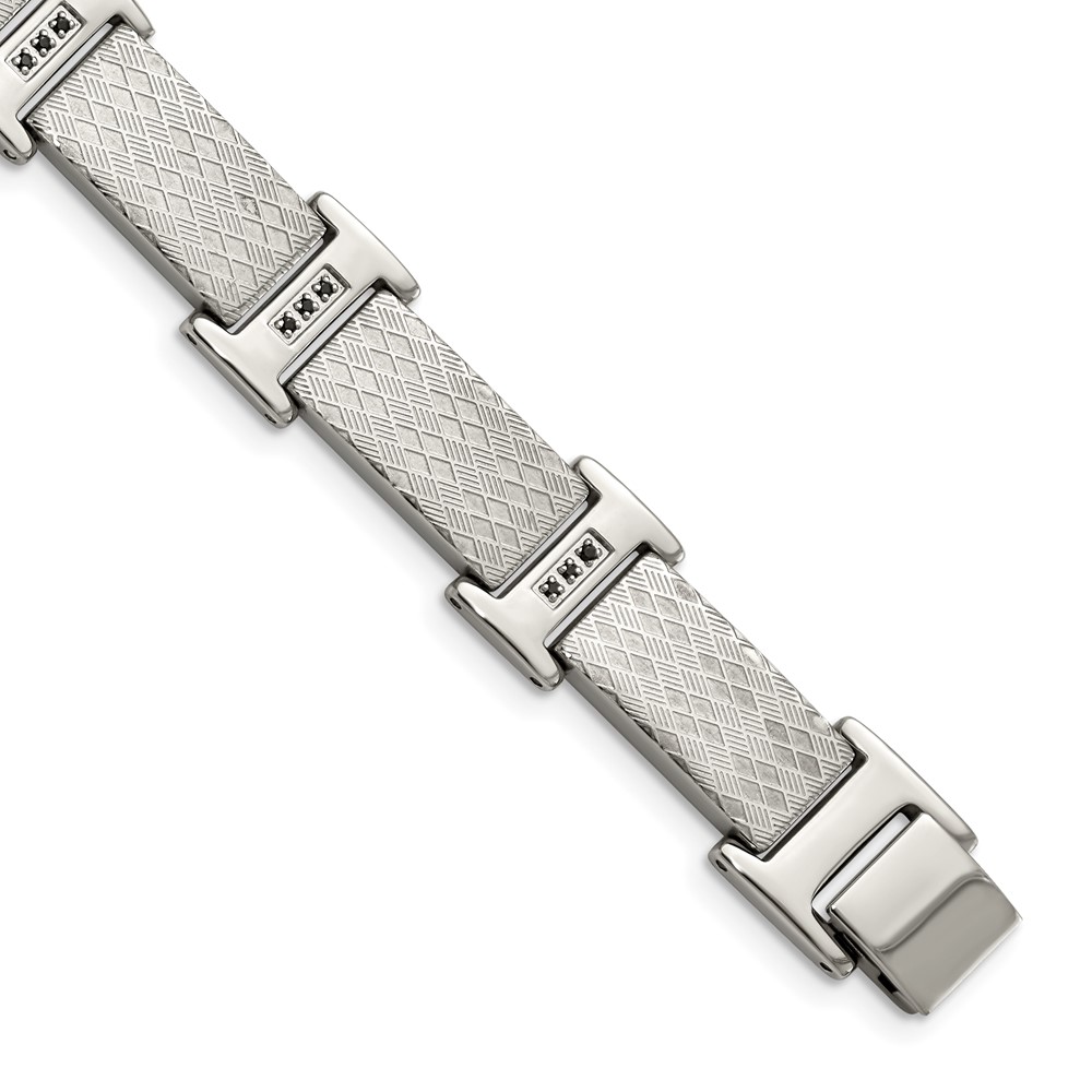 Stainless Steel Polished and Textured with Black CZ 8.5in Bracelet