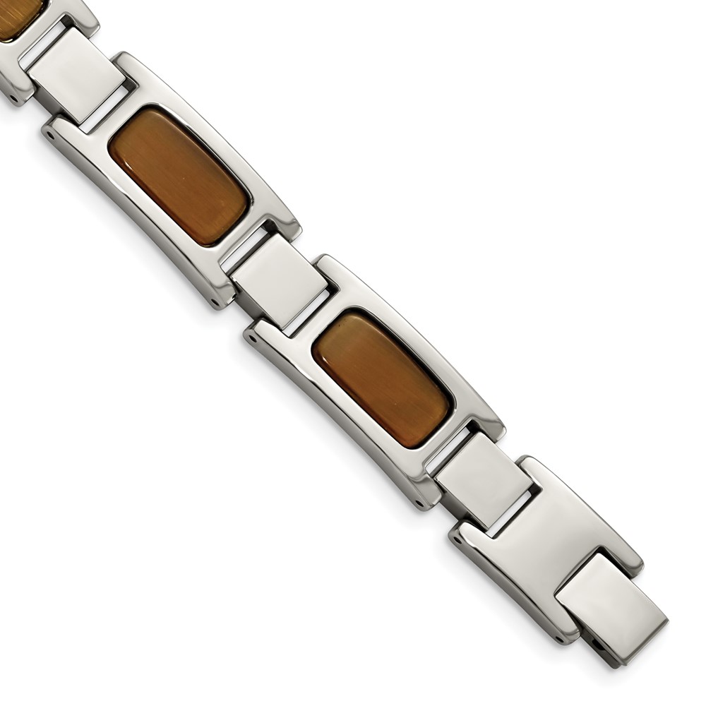 Stainless Steel Polished with Tiger's Eye Inlay 8.5in Bracelet