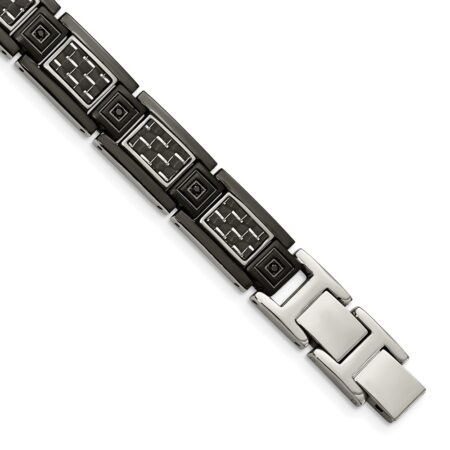 Stainless Steel Polished Black IP w/Carbon Fiber Inlay & CZ 8.75in Bracelet