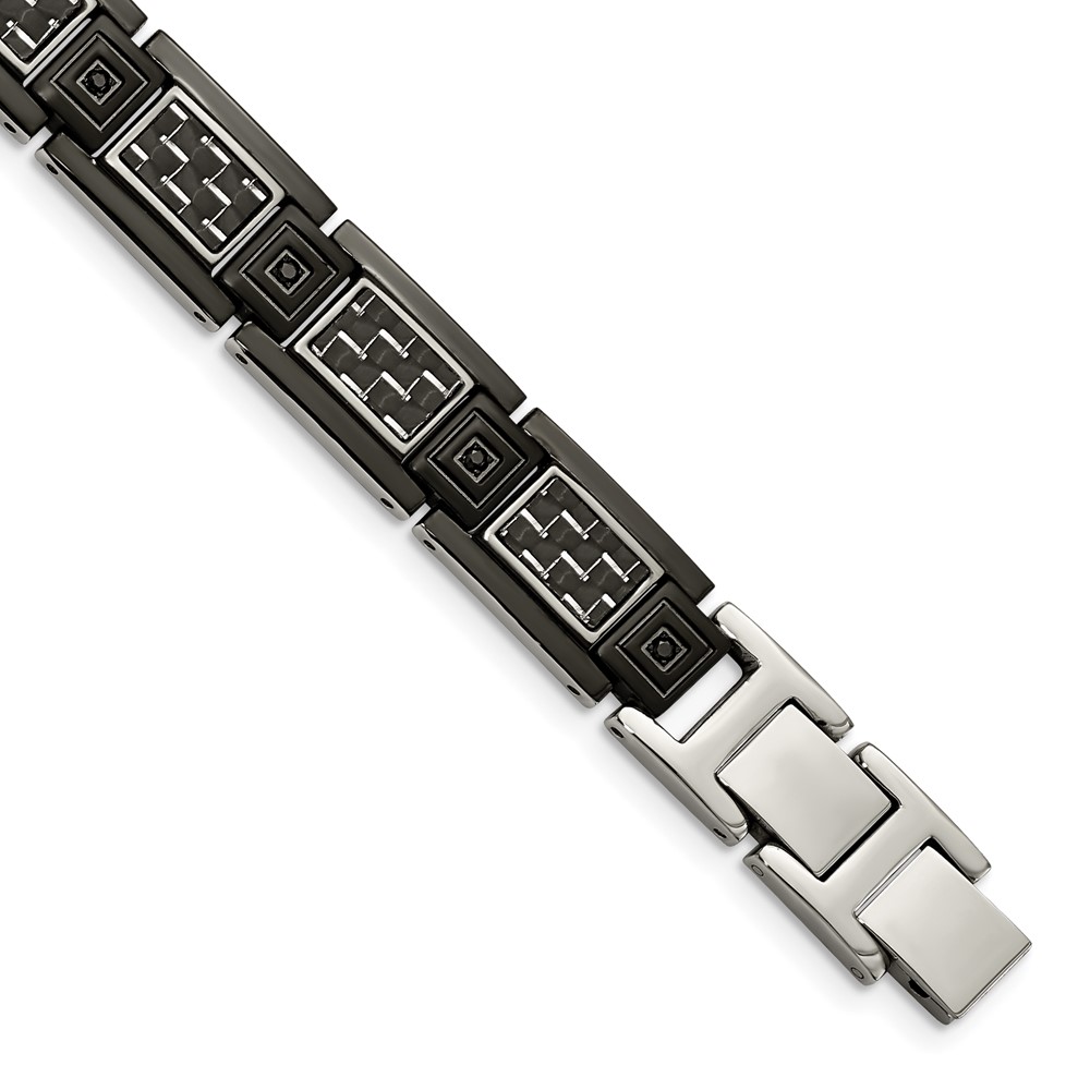Stainless Steel Polished Black IP w/Carbon Fiber Inlay & CZ 8.75in Bracelet