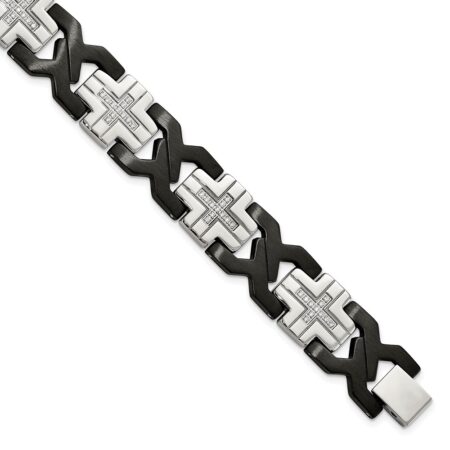 Stainless Steel Brushed and Polished Black IP-plated w/CZ 8.25in Bracelet