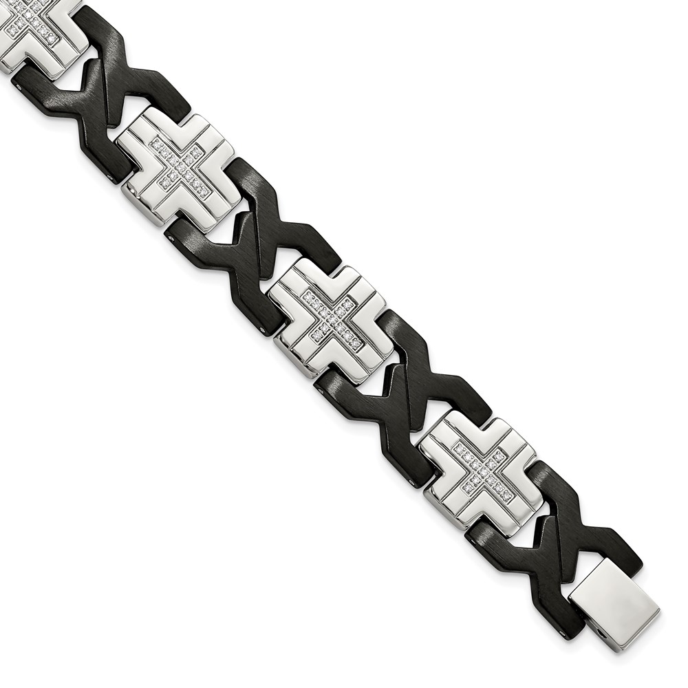 Stainless Steel Brushed and Polished Black IP-plated w/CZ 8.25in Bracelet